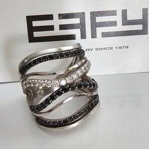 Effy Caviar 14K White Gold White and Black Diamond Crossover Ring, size 8